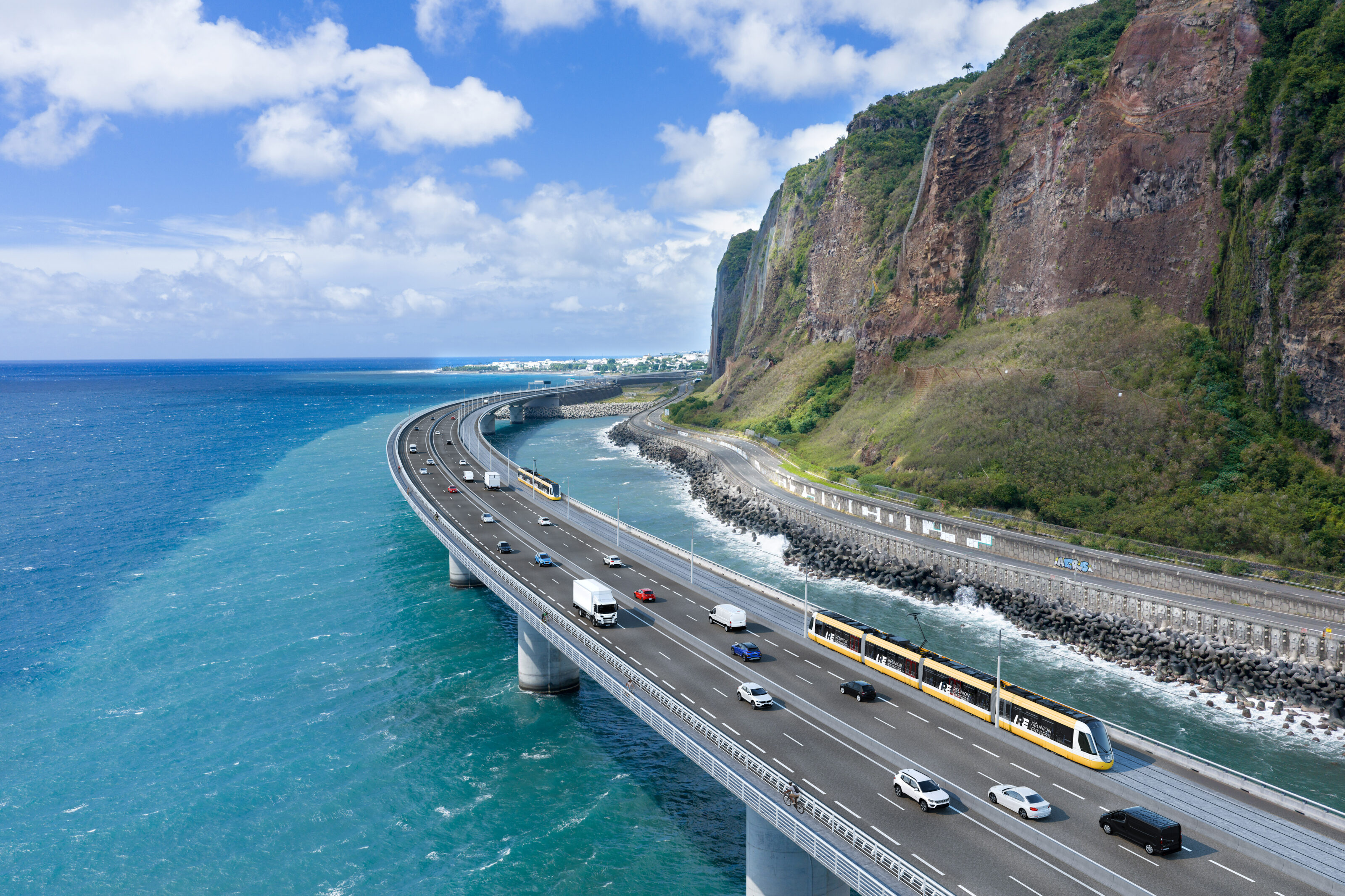 Perspective 3D réalisée par 3D phi, présentant une hypothèse d'implantation sur viaduc pour le Train Réunion Express intégré à la route du littoral à La Réunion. Client : Stratégies et Territoires pour la Région Réunion